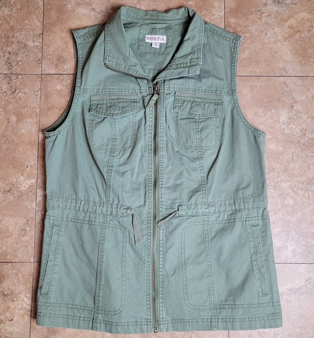 Utility Vest Jacket Women M Green Sleeveless Zip Drawstring Waist Pocket Casual